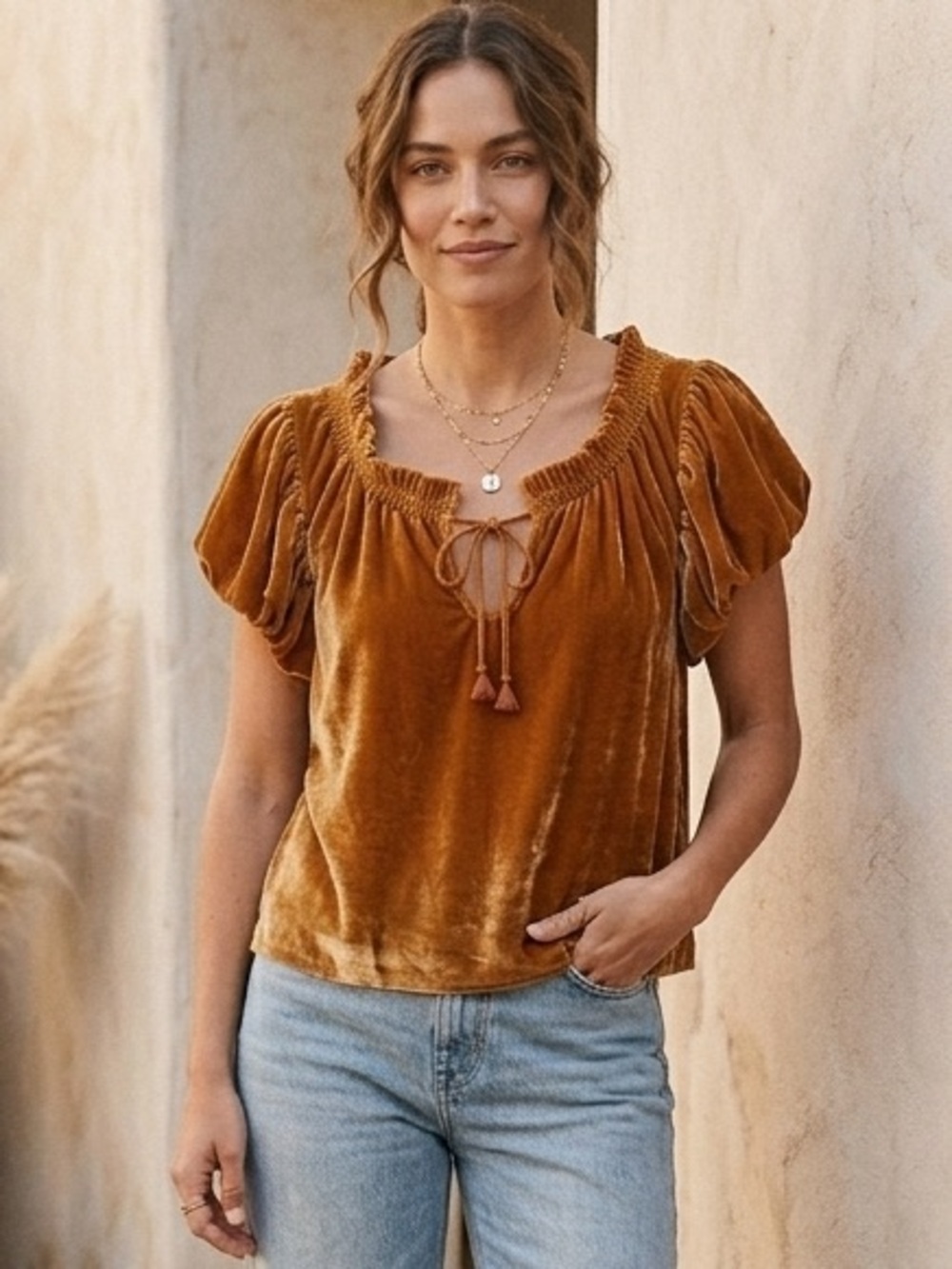 Free People Terese Velvet Puff-Sleeve Top - Size XS